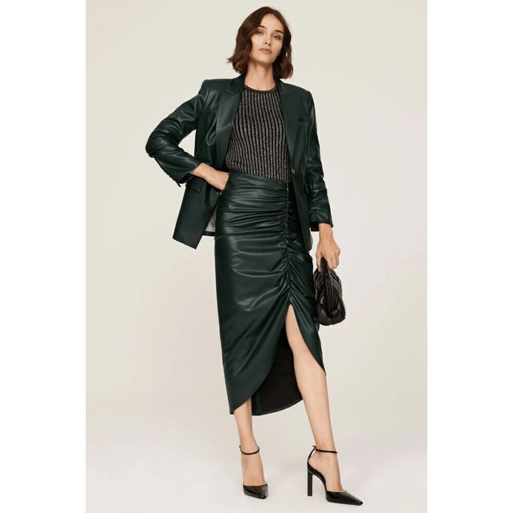 Veronica Beard Women's Green Ruched Faux Leather Ari Skirt Size 0‎